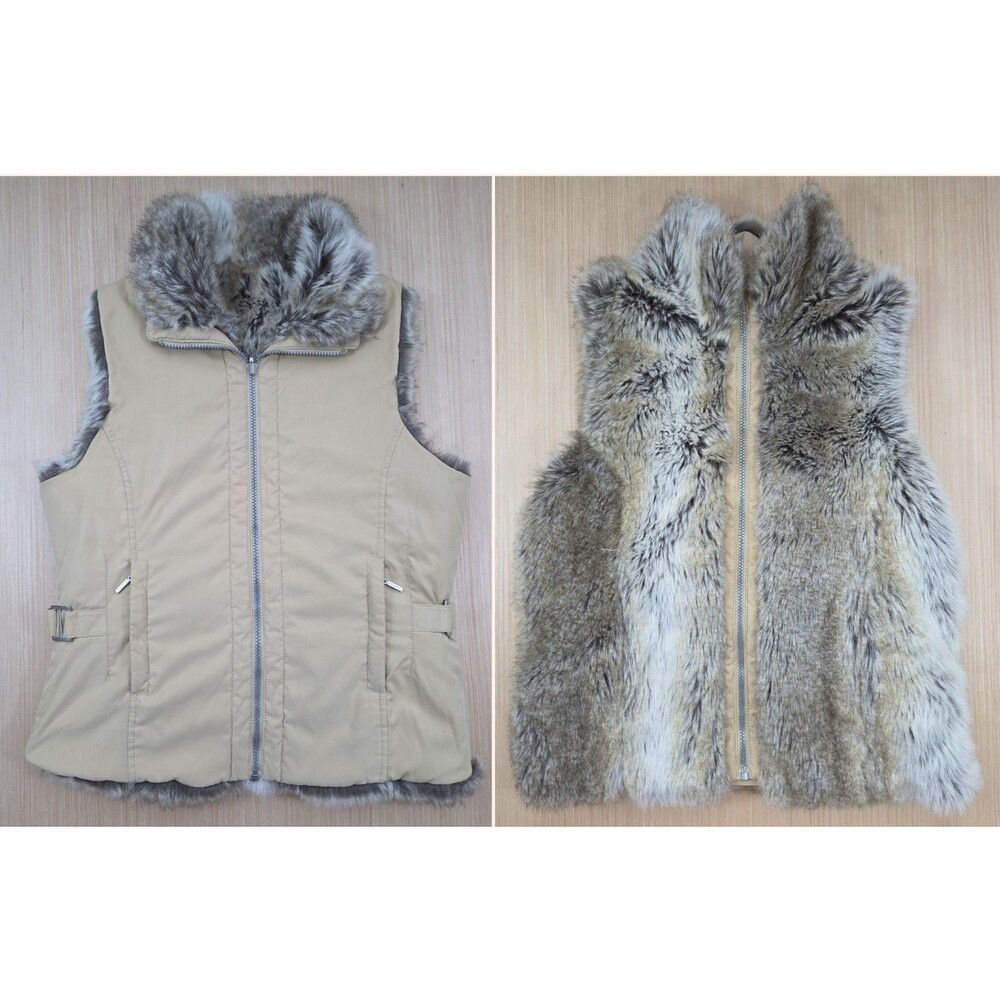 Weatherproof Garment Company Tan Reversible Faux Fur Full Zip Front Warm Vest Sm